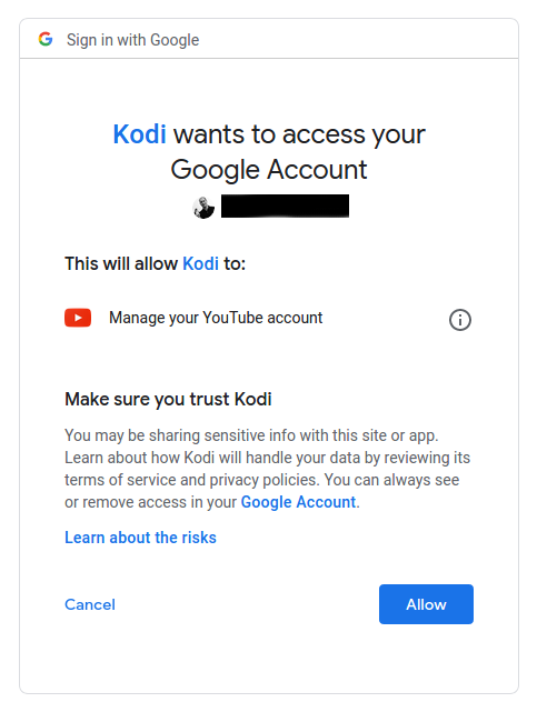 Grant YouTube add-on access to Google account