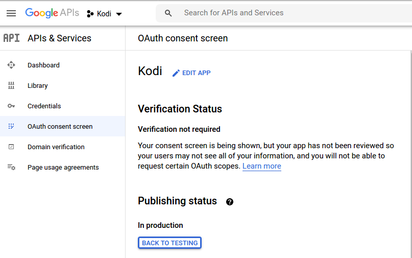 OAuth consent screen published