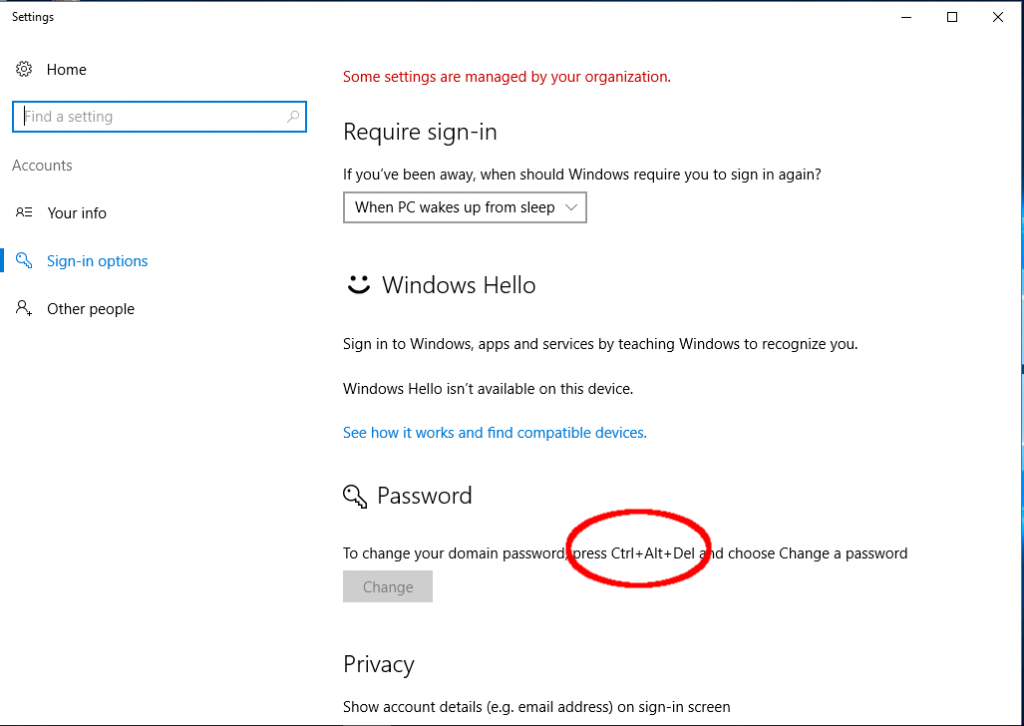 Windows Settings: Change password requires press Ctrl+Alt+Delete