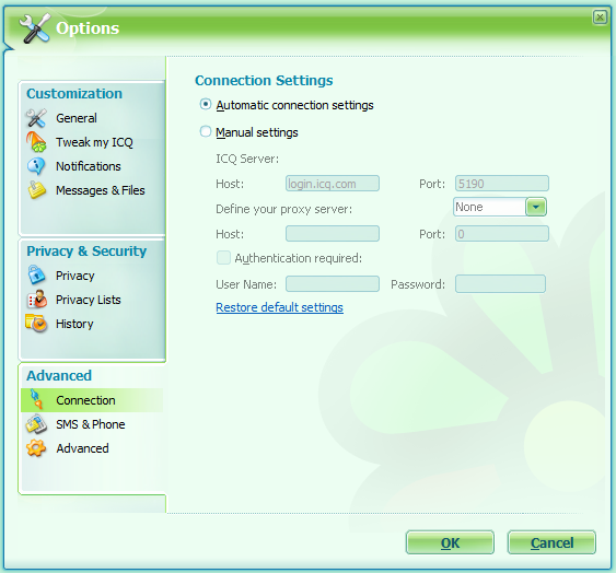 ICQ connection settings