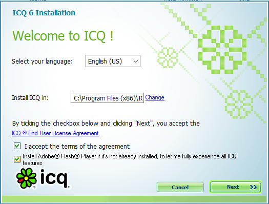 Welcome to ICQ! ICQ 6 setup screen.