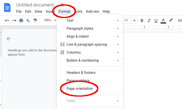 Selecting page orientation in Google Docs