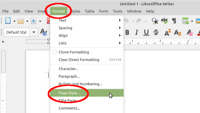 Selecting Page Style settings in LibreOffice Writer