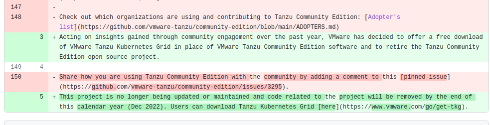 Change in Tanzu's Git repository shows the end of the project
