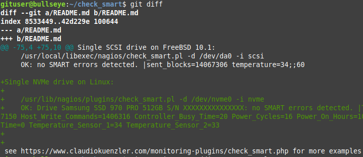 git diff shows the content difference in the output