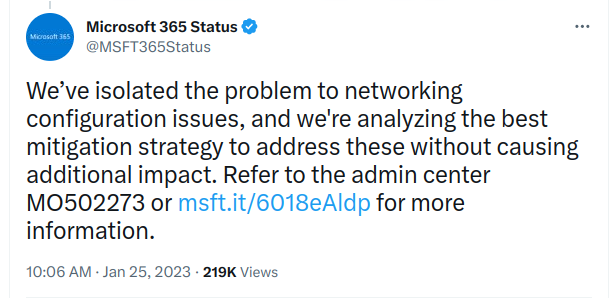 Microsoft informs about the cause of the major outage on January 25th on Twitter