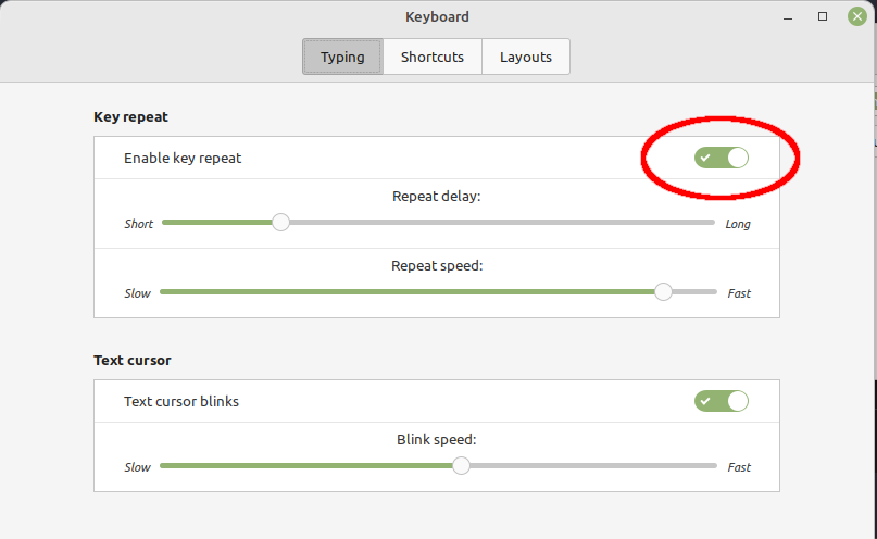 Enable key repeat in Keyboard settings