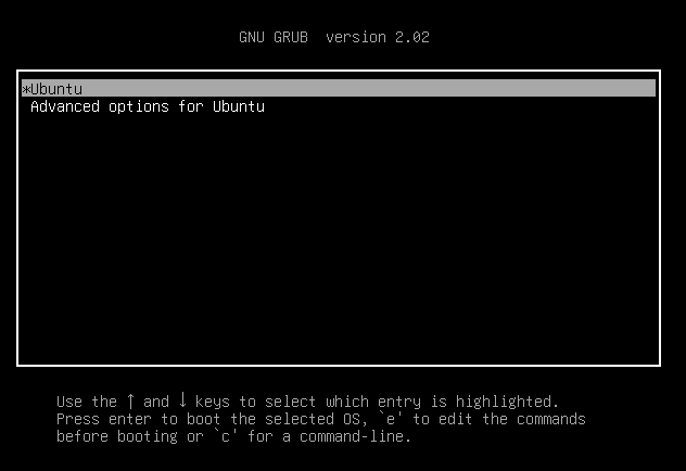 GRUB boot loader shows advanced options