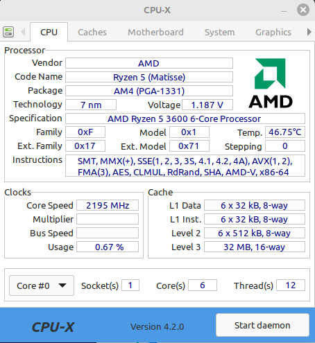 CPU-X showing CPU information