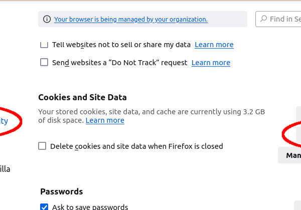 Firefox Settings to manage cached data