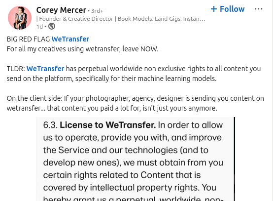 Social Media Post on LinkedIn concerning the WeTransfer terms.