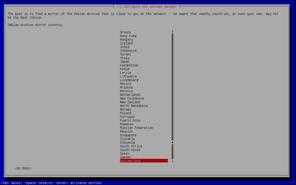 Select a country for a local Debian mirror