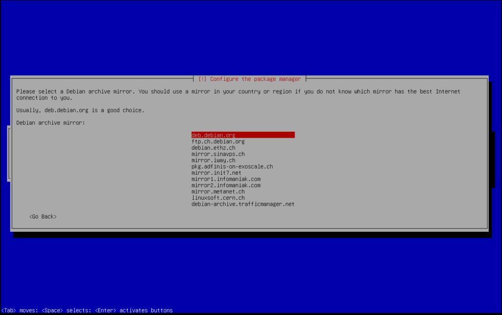 Choose a package mirror in the selected country