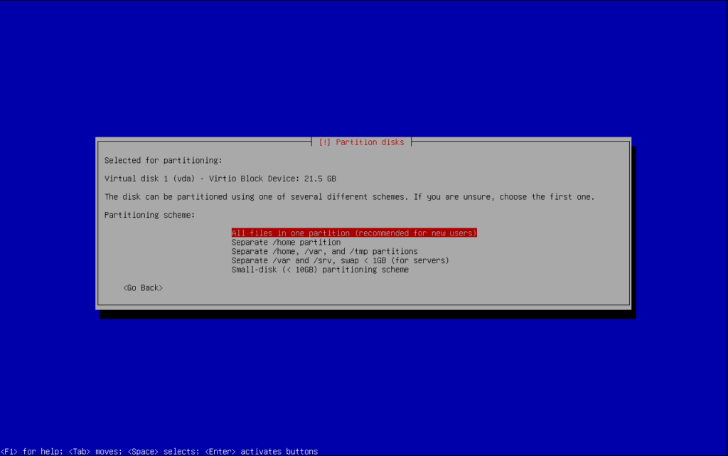 Debian 13 setup presenting different layouts for partitioning