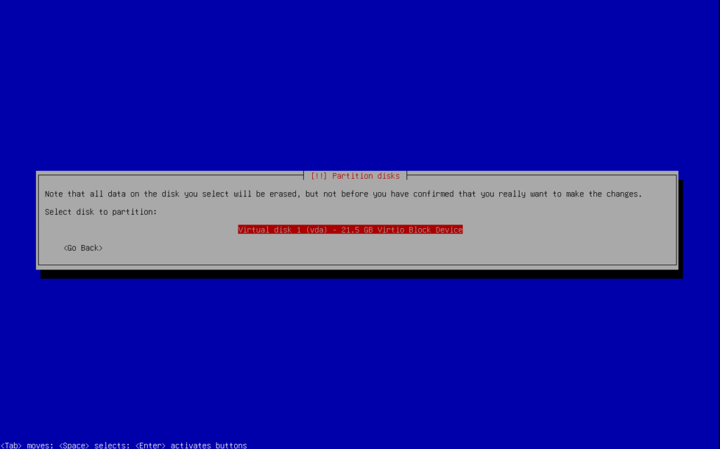 Disk VDA detected and selected by Debian 13 installer