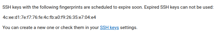 GitLab notification about SSH key about to expire soon.