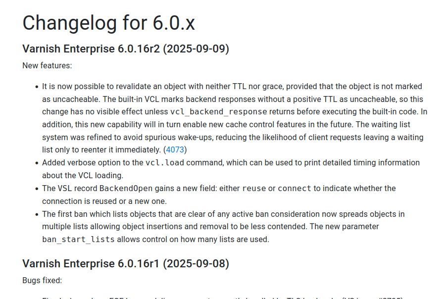 Varnish Enterprise Changelog shows 6.0.16r2.