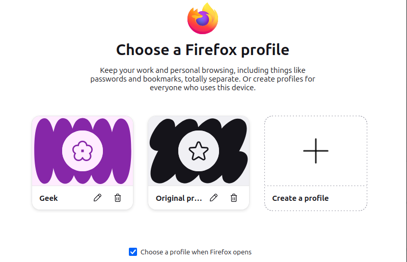 Choose a Firefox profile at Firefox start