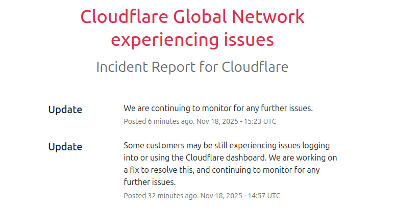Cloudflare confirms there are still issues in the Dashboard