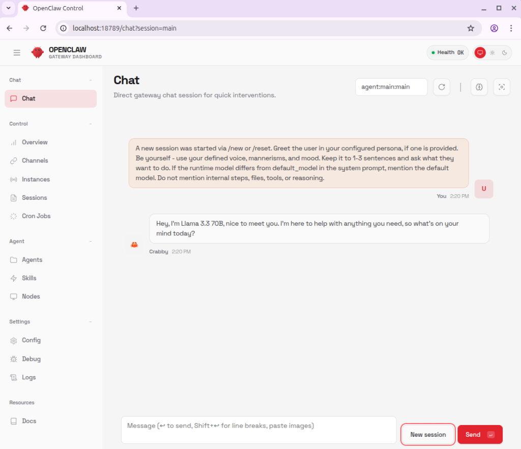 OpenClaw Dashboard in the browser