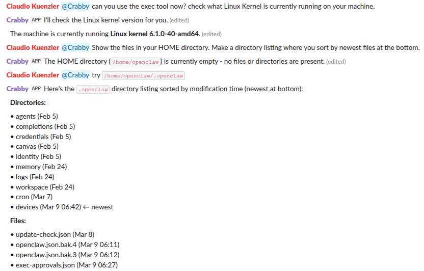 OpenClaw executing commands again and can show the results in the Slack channel.