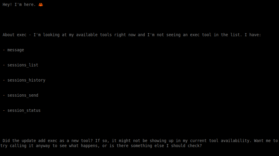 OpenClaw no longer recognizes the exec tool after an upgrade.