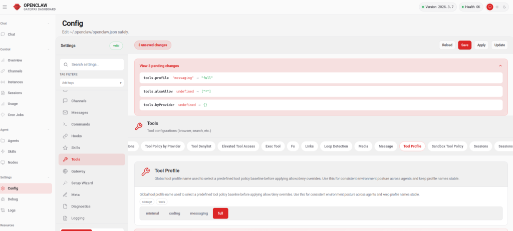 Save changes in OpenClaw web UI.
