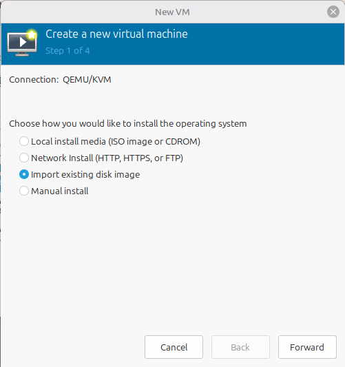 Create new virtual machine from existing qcow2 disk image.