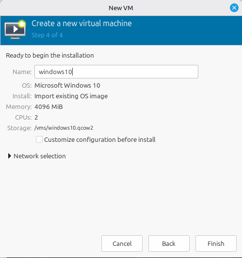 Create new virtual machine from existing qcow2 disk image.