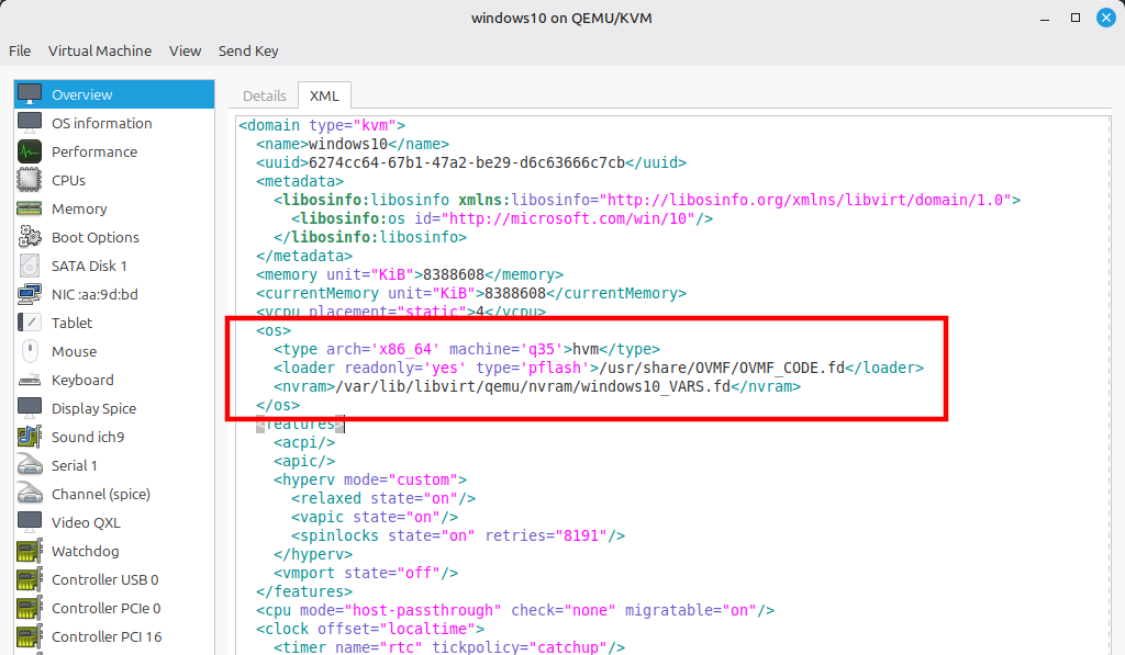 Virt Manager Virtual Machine Settings switched to UEFI firmware.