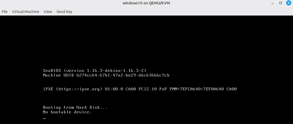 Windows VM not booting, no bootable device found in BIOS.