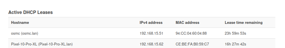 OpenWRT DHCP table shows renewed IP address